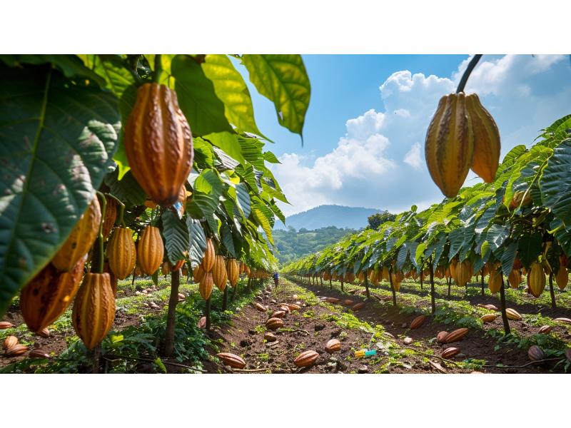 Cacao pods growing on a plantation, showing sustainable cocoa sourcing and Rainforest Alliance (RFA) certified farming practices.